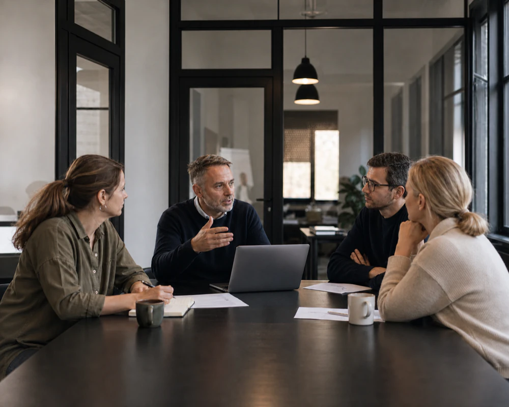 Vier Personen in einer Besprechung an einem Konferenztisch
